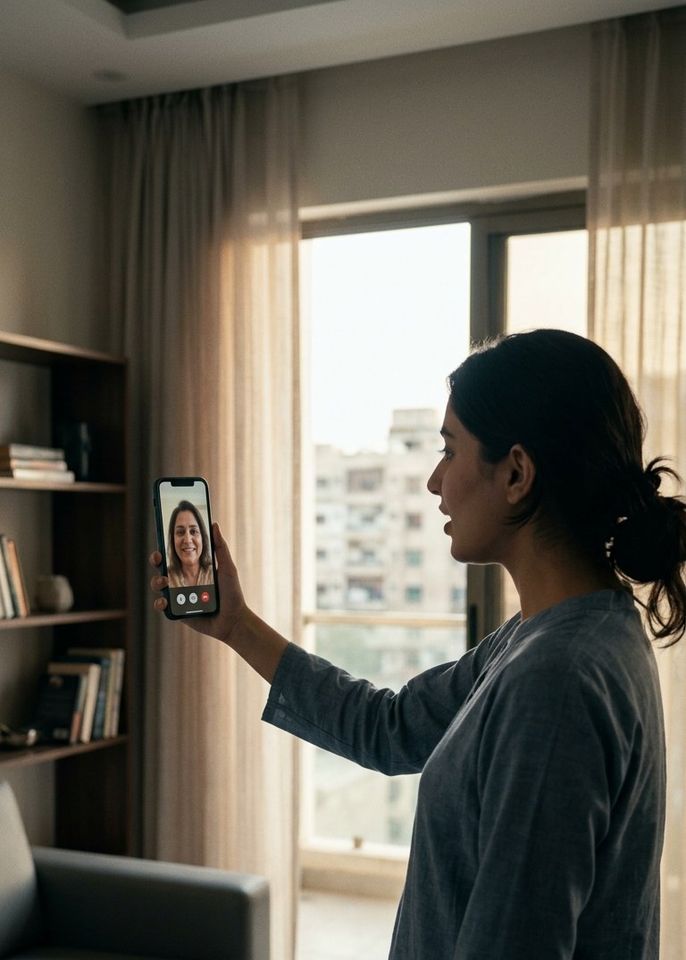 A woman on a clear video call on her phone at home
