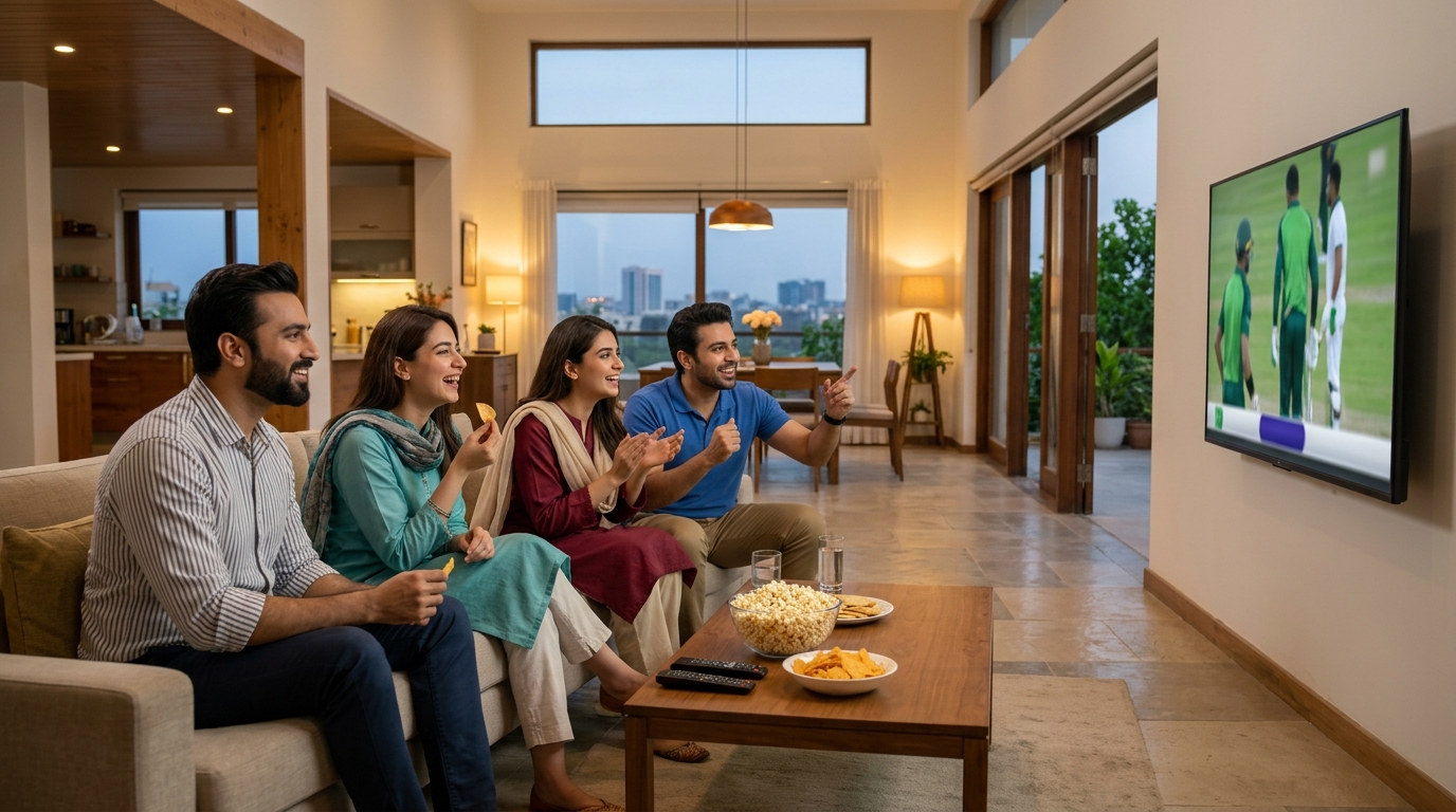 A family watching television together at home in Karachi