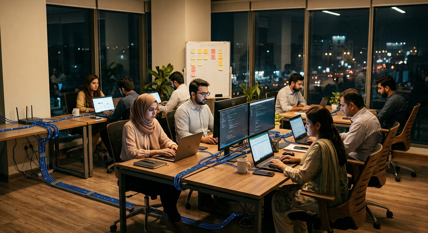 A small office team working on a shared connection