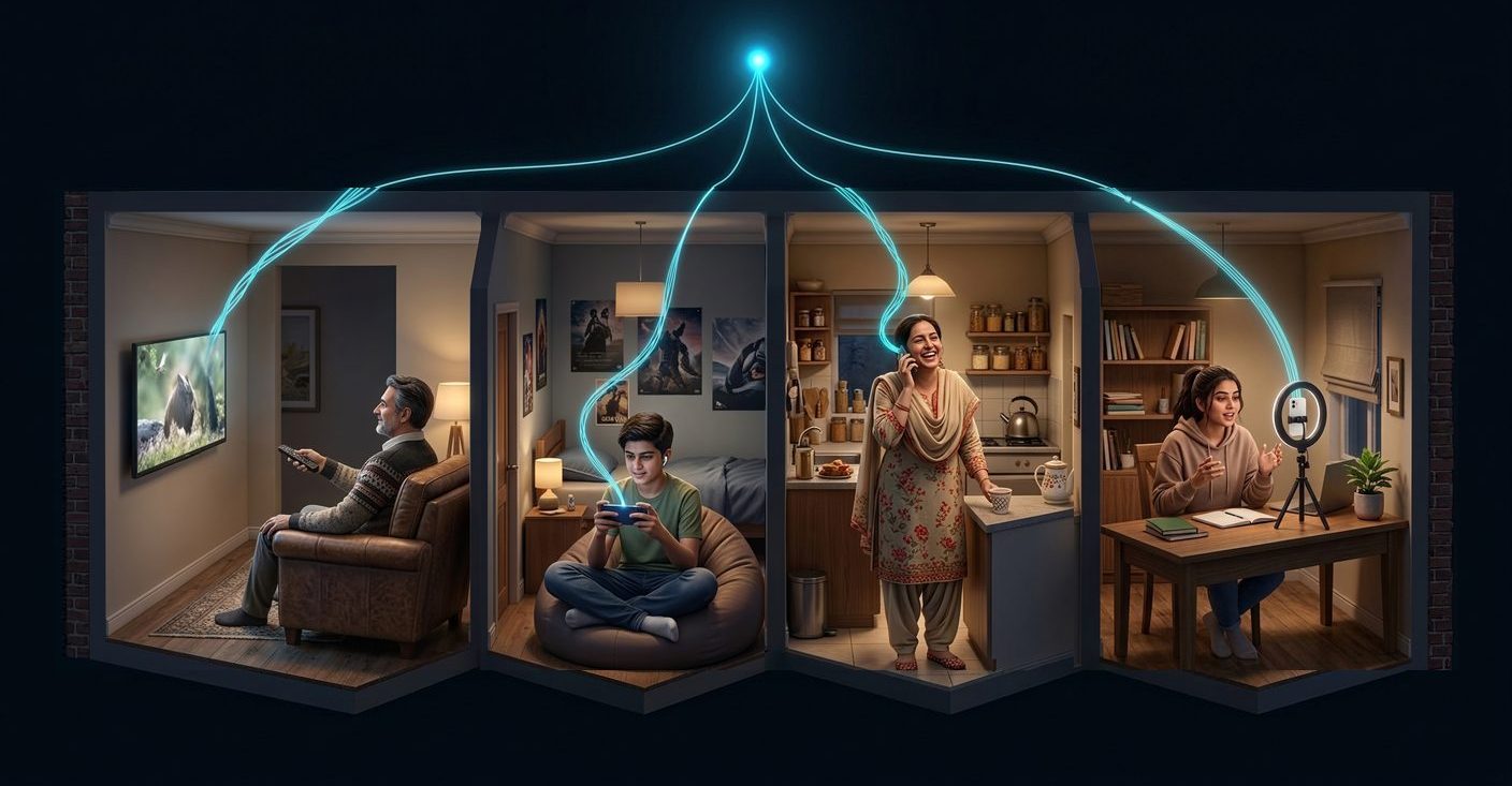 Four rooms in one home — television, gaming, a phone call, and someone recording content — all connected to the same fiber line